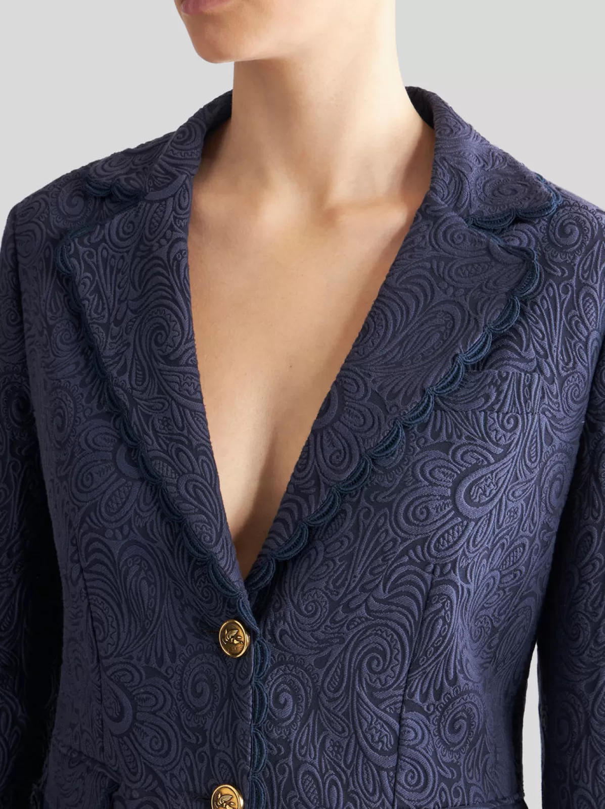 Donna Etro Giacca Paisley Jacquard Blu Con Bordi In Pizzo Da Donna |