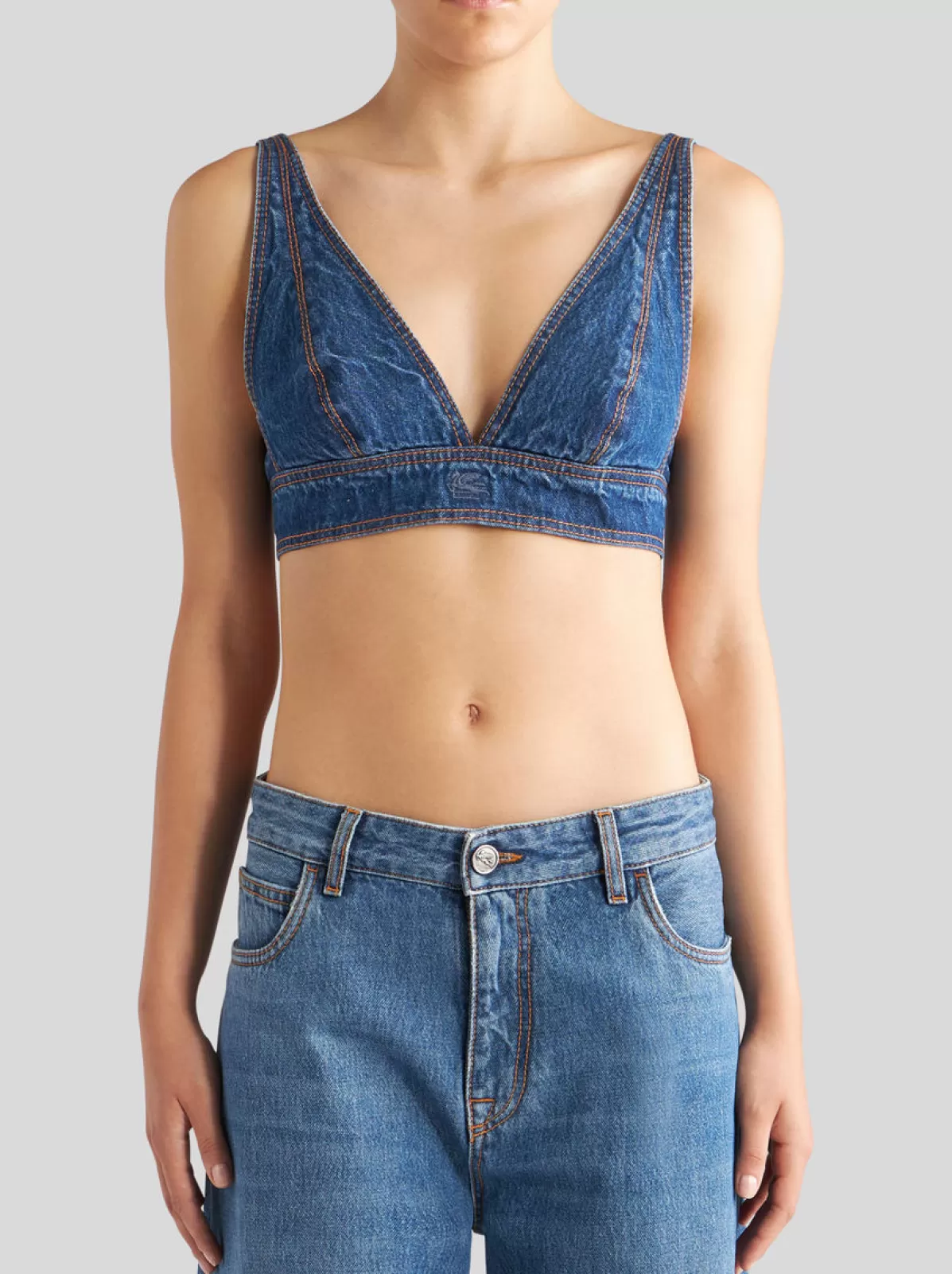 Donna Etro Top Blu In Denim Da Donna Con Stampa Pegaso |